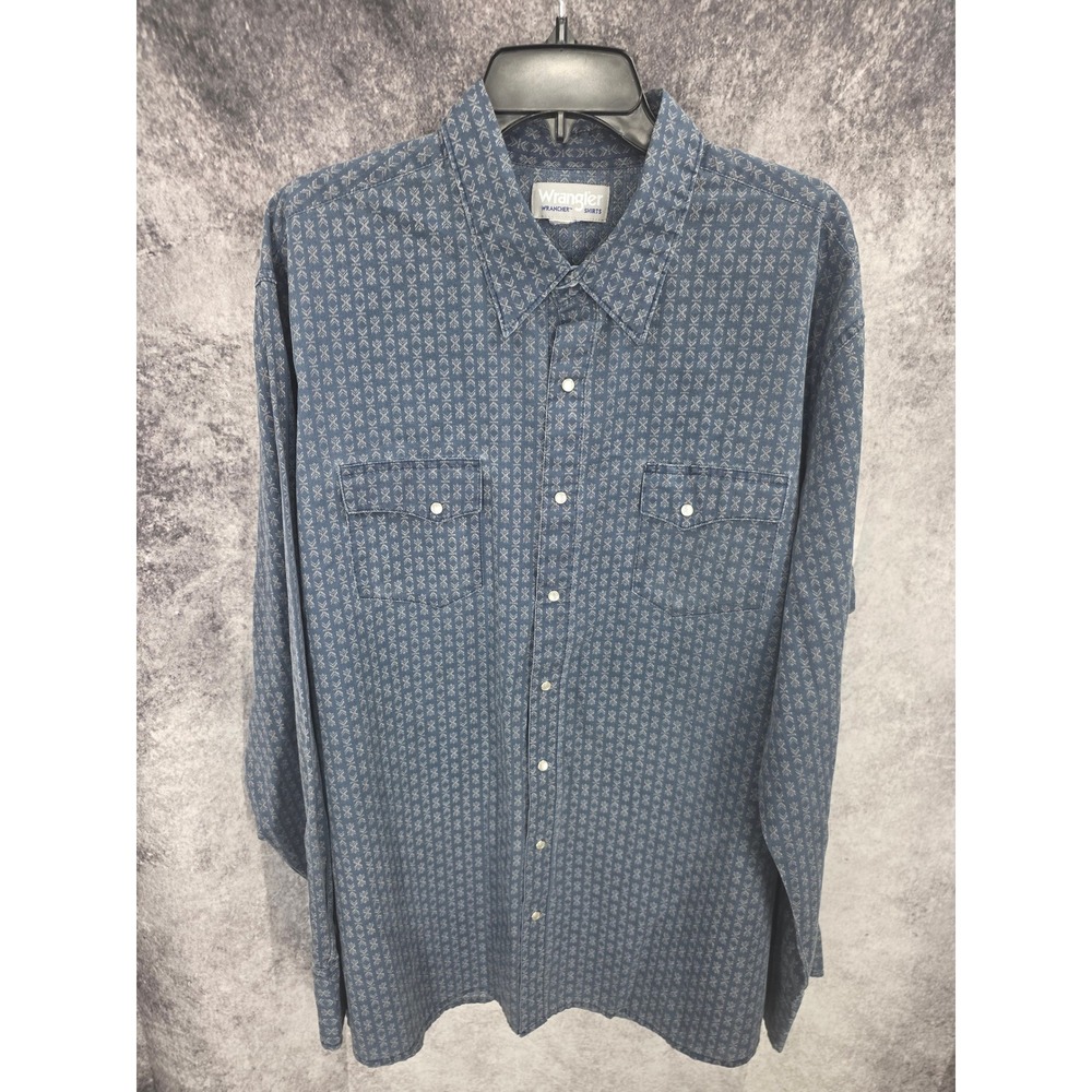Wrangler Wrancher Western Shirt Mens 2XL Blue Geometric Cowboy Rodeo Ranchwear
